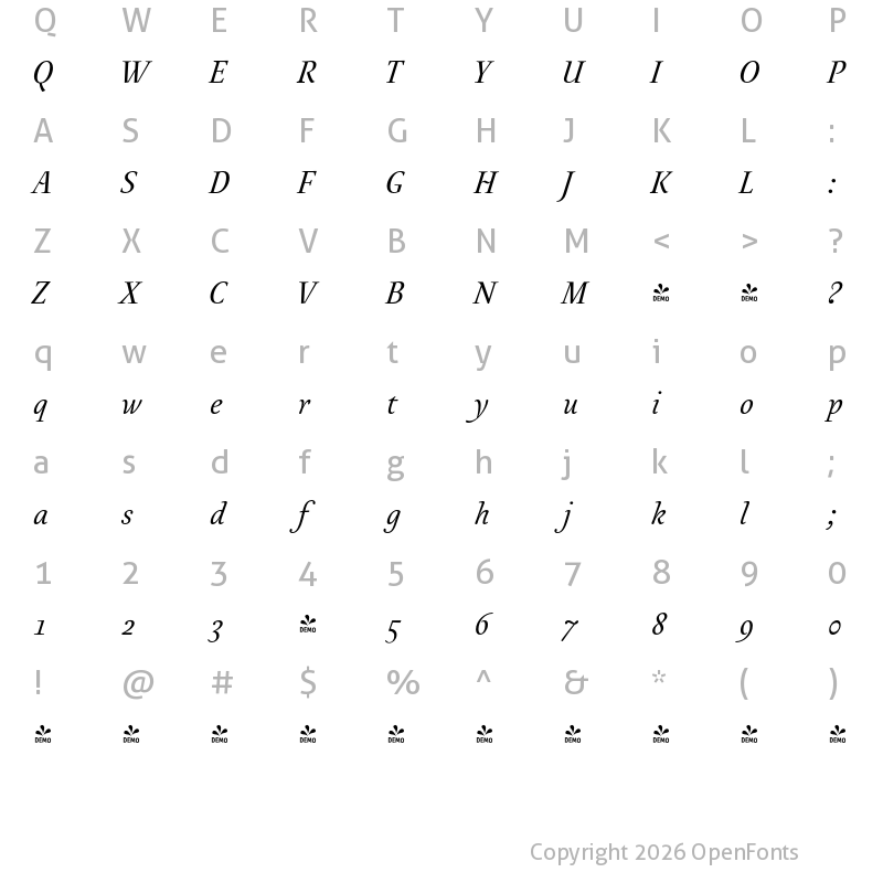 Character Map of FONTSPRING DEMO - Australis Pro Italic