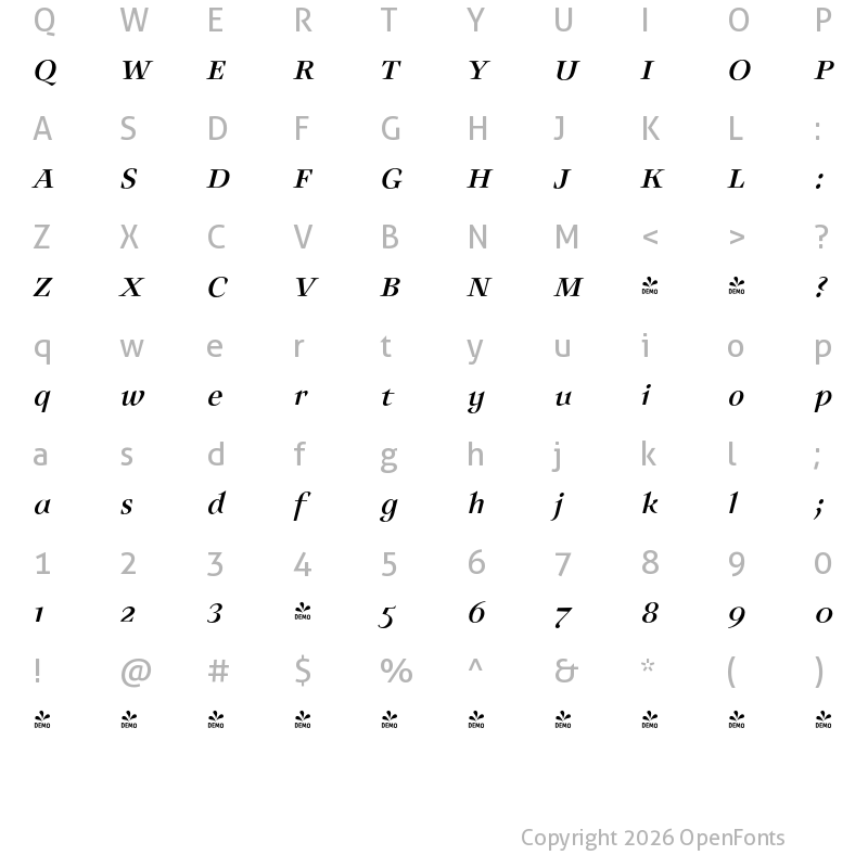 Character Map of FONTSPRING DEMO - Auxerre 56 Italic