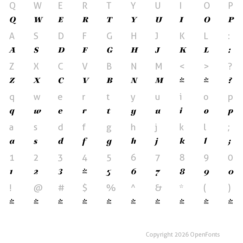 Character Map of FONTSPRING DEMO - Auxerre 76 Bold Italic
