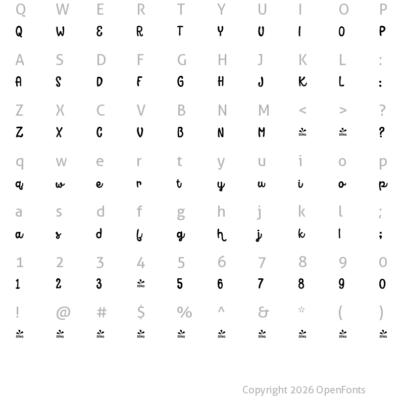 Character Map of FONTSPRING DEMO - Avaline Script Bold Regular