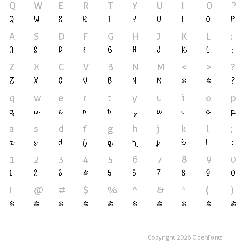 Character Map of FONTSPRING DEMO - Avaline Script Regular Regular