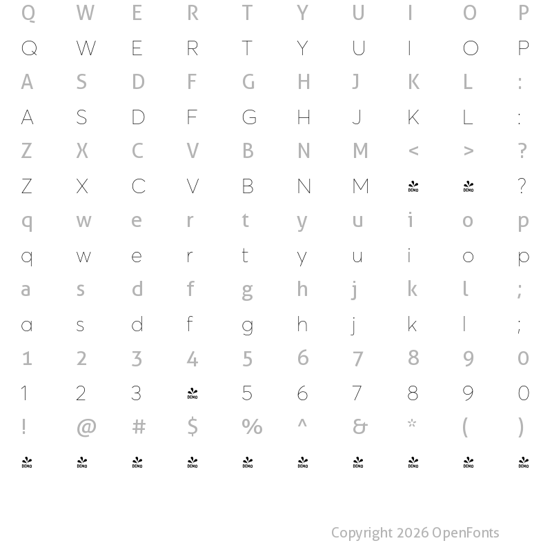 Character Map of FONTSPRING DEMO - Averta Std CY Extrathin Regular