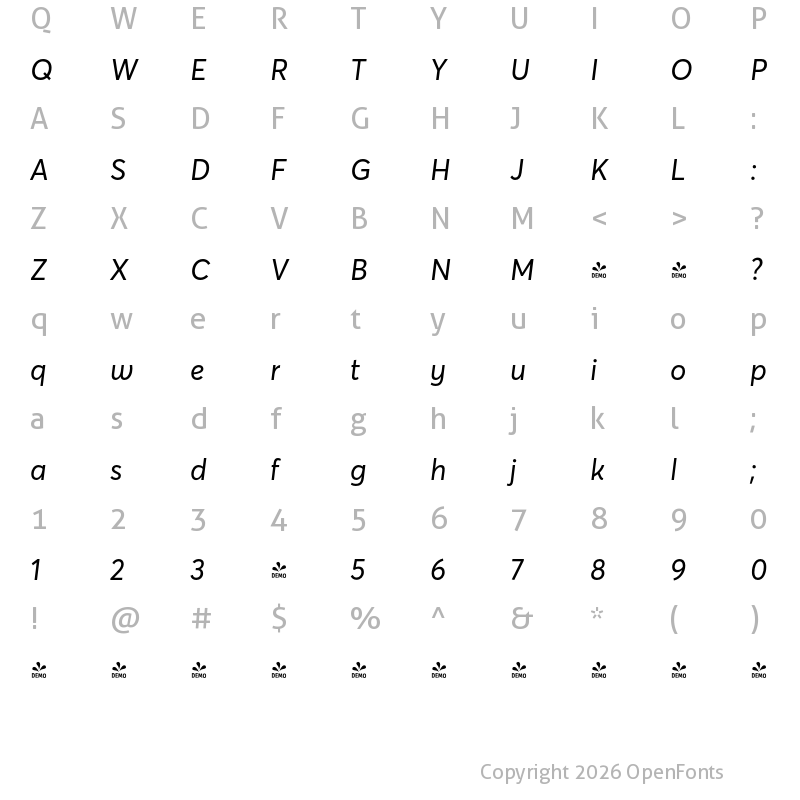 Character Map of FONTSPRING DEMO - Averta Std CY Italic