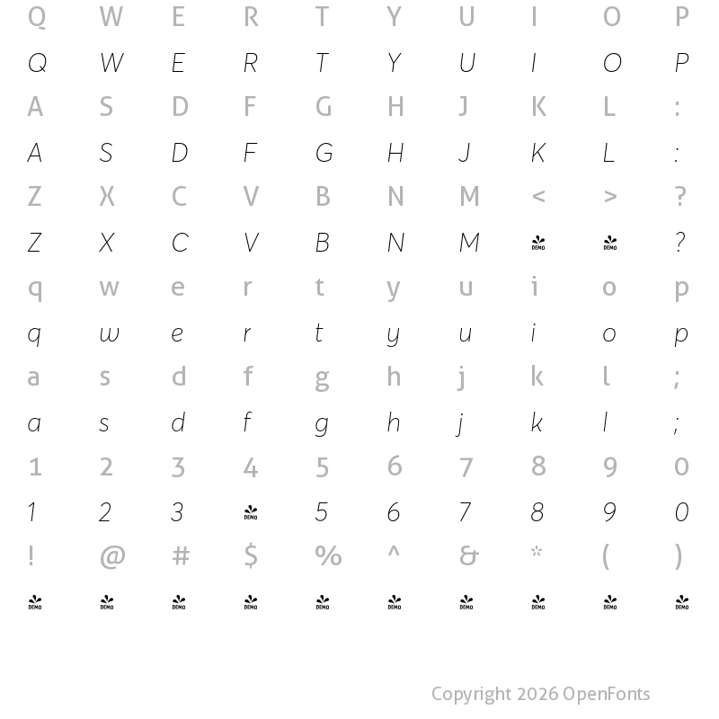 Character Map of FONTSPRING DEMO - Averta Std CY Thin Italic