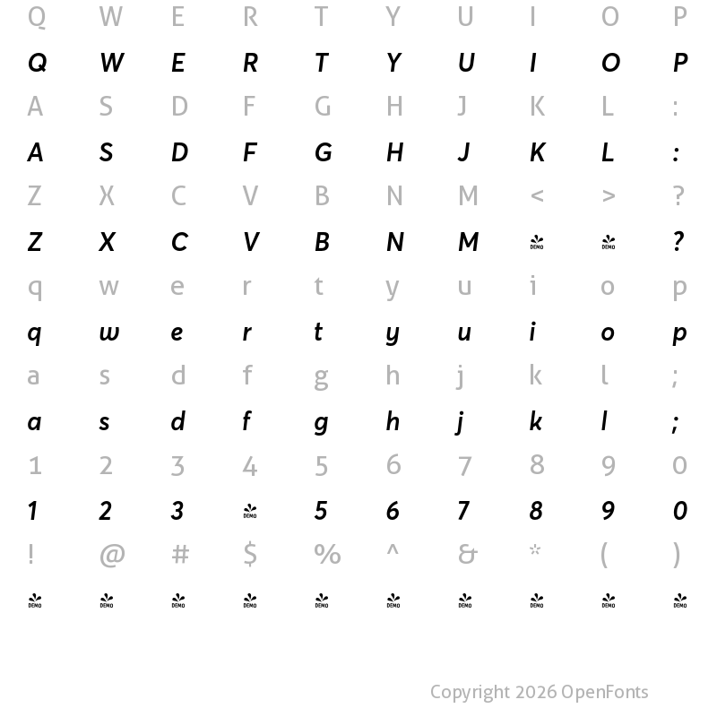 Character Map of FONTSPRING DEMO - Averta Std PE Semibold Italic