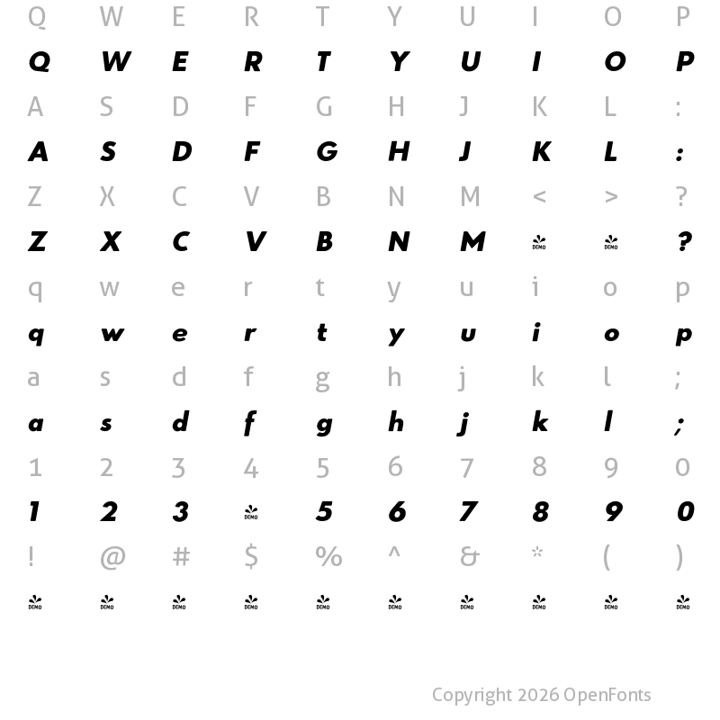Character Map of FONTSPRING DEMO - Azur HeavyItalicRounded Regular