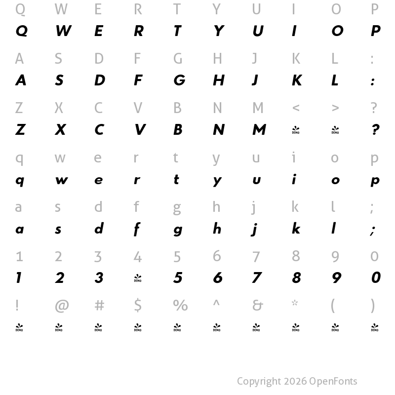 Character Map of FONTSPRING DEMO - Azur XBoldItalicRounded Regular