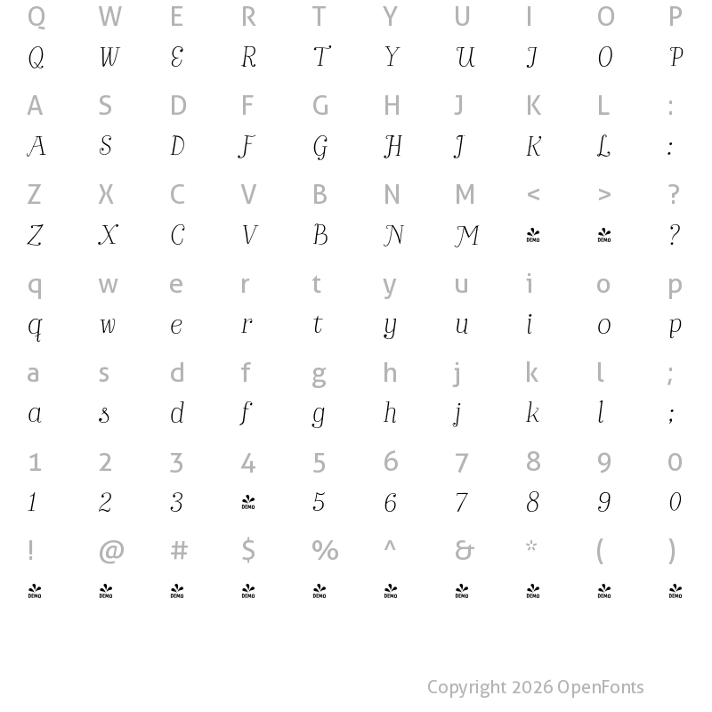 Character Map of FONTSPRING DEMO - Bach Light It Regular