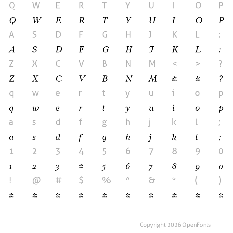 Character Map of FONTSPRING DEMO - Bachenas Italic