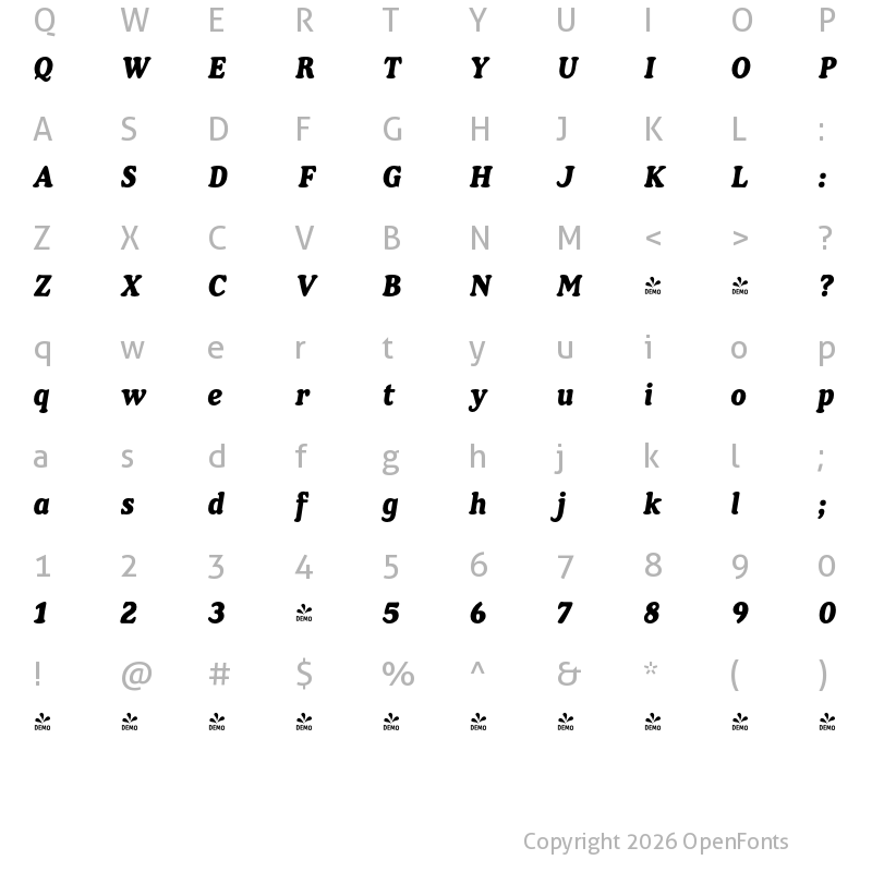 Character Map of FONTSPRING DEMO - Baggy Italic