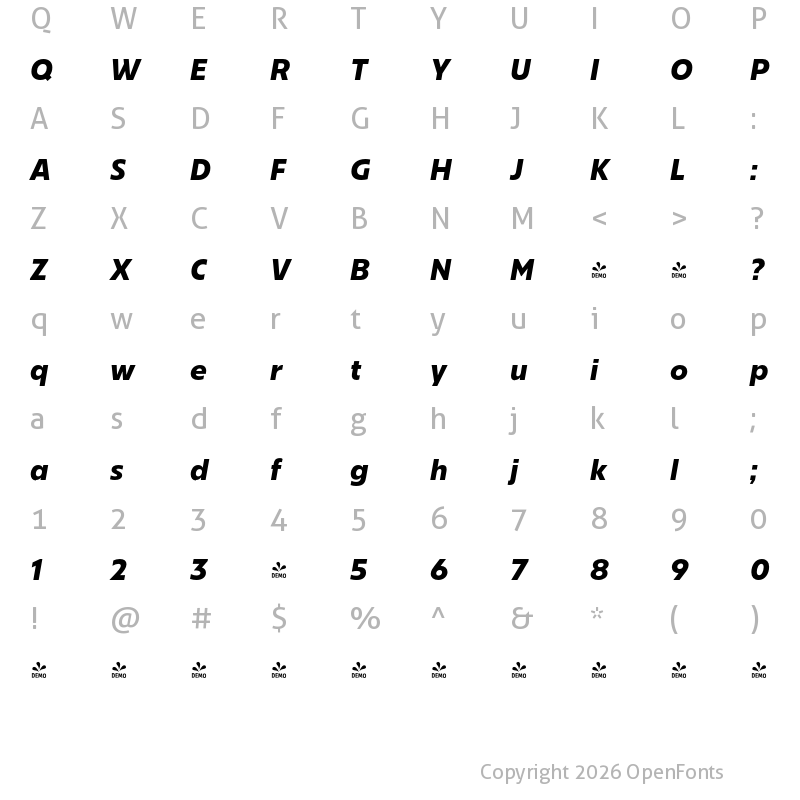 Character Map of FONTSPRING DEMO - Bajazzo Bold Italic