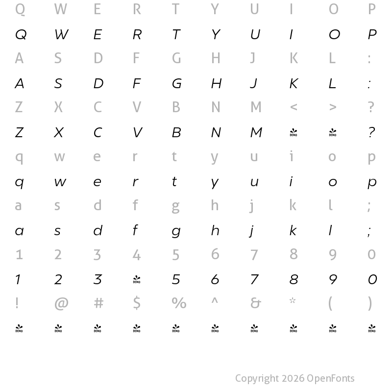 Character Map of FONTSPRING DEMO - Bajazzo Exp Lt Italic