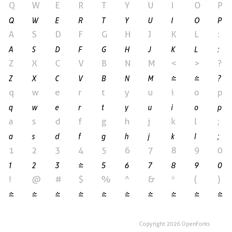 Character Map of FONTSPRING DEMO - Bajazzo Nr Italic