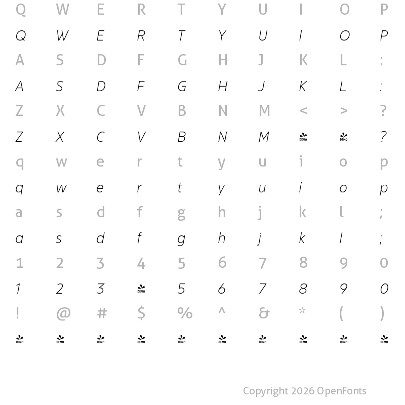 Character Map of FONTSPRING DEMO - Bajazzo Th Italic