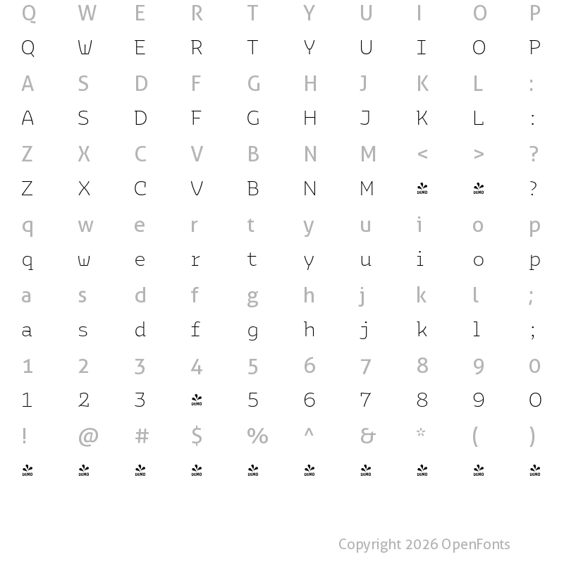 Character Map of FONTSPRING DEMO - Bakemono Stereo ExtraLight Regular