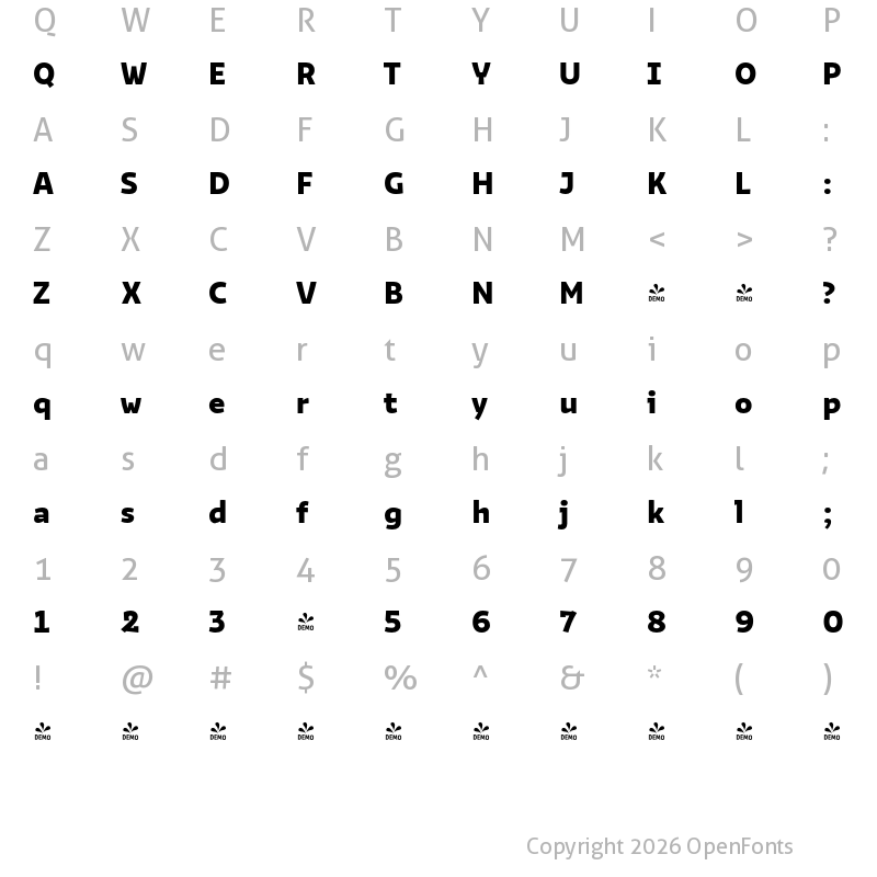 Character Map of FONTSPRING DEMO - Bakemono Text Extrabold Regular