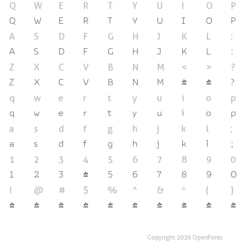 Character Map of FONTSPRING DEMO - Bakemono Text ExtraLight Regular