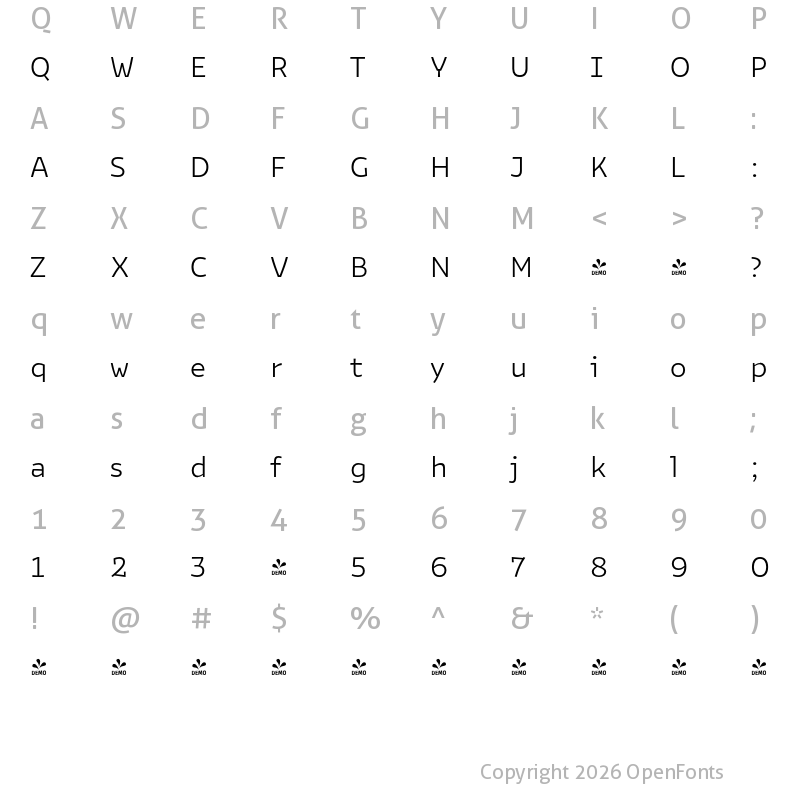 Character Map of FONTSPRING DEMO - Bakemono Text Light Regular