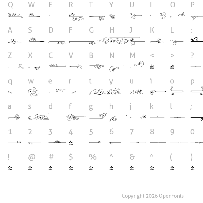 Character Map of FONTSPRING DEMO - Baker Street Flourish Regular