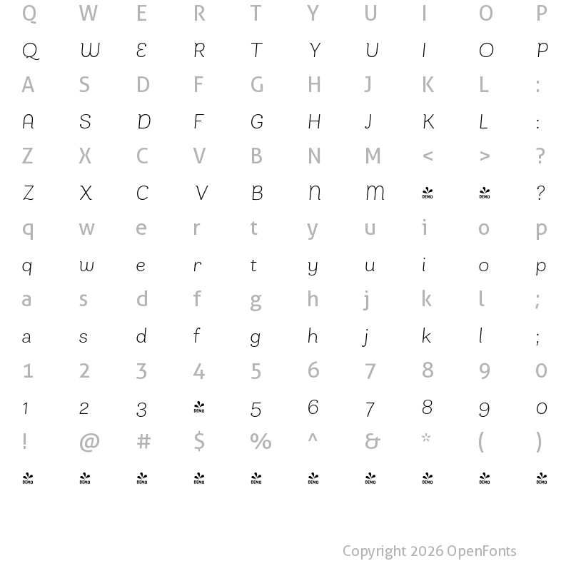 Character Map of FONTSPRING DEMO - Bakewell Light Italic Regular