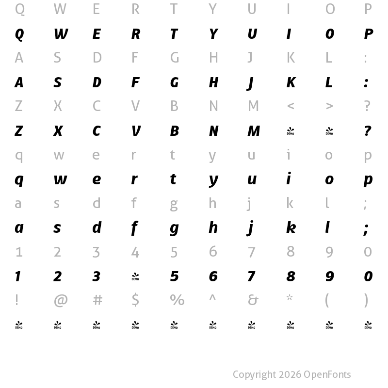 Character Map of FONTSPRING DEMO - Ballarih ExtraBold Italic