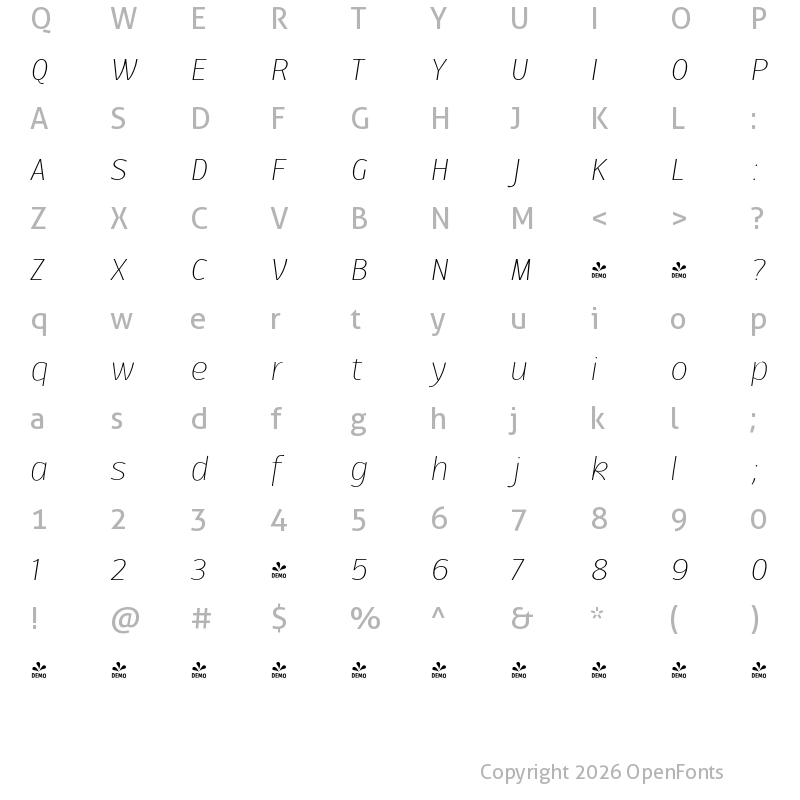Character Map of FONTSPRING DEMO - Ballarih Light Italic