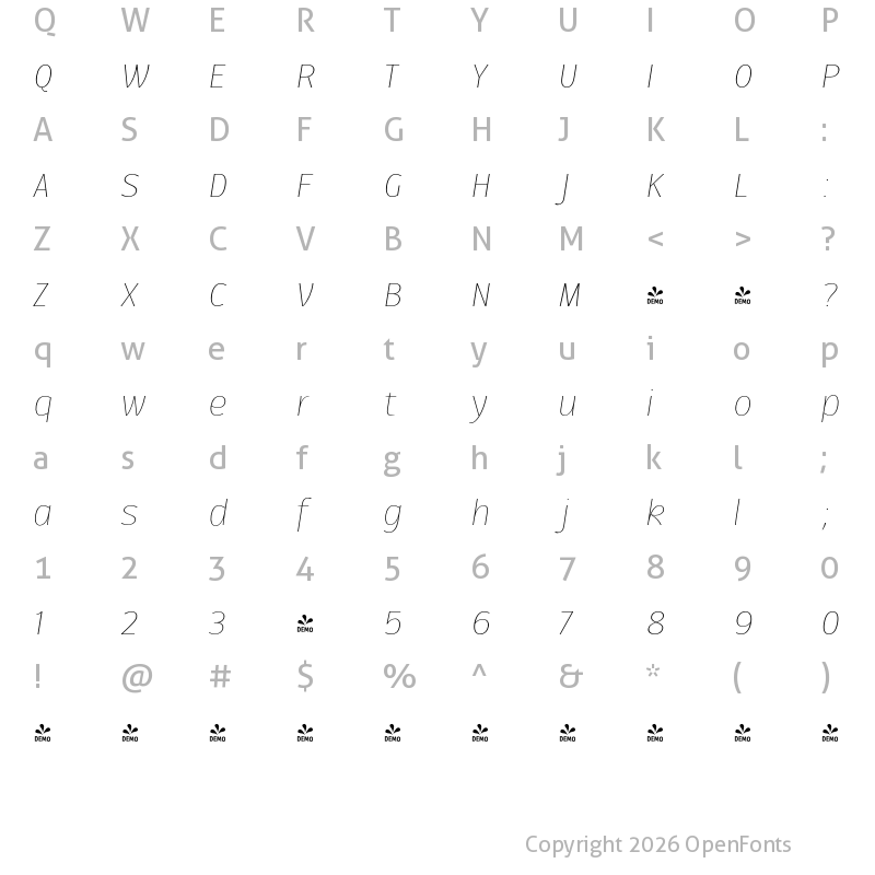 Character Map of FONTSPRING DEMO - Ballarih Thin Italic