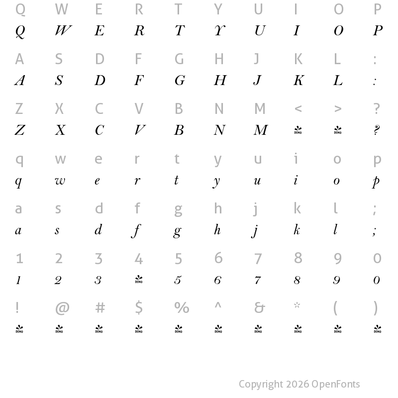 Character Map of FONTSPRING DEMO - Baltimore Pro Italic