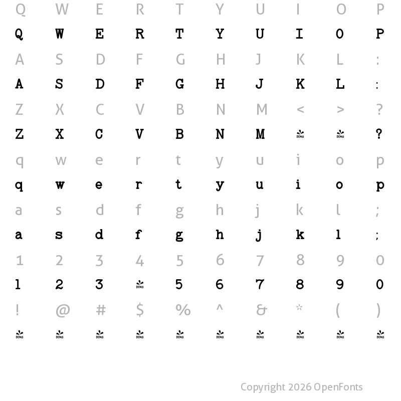 Character Map of FONTSPRING DEMO - BaltimoreTypewriterBold Regular