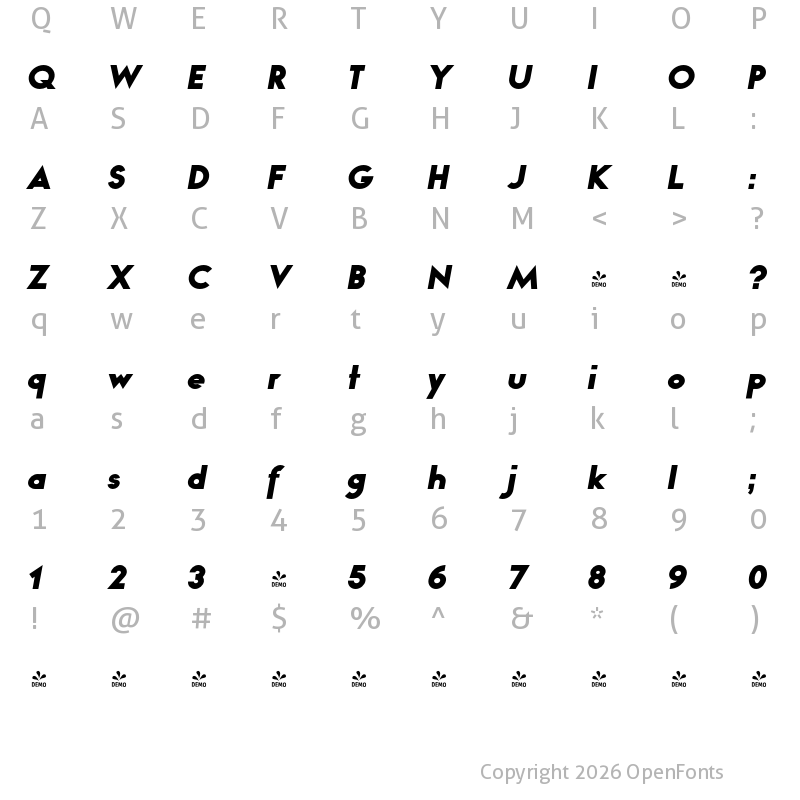 Character Map of FONTSPRING DEMO - Bambino Black Italic Regular