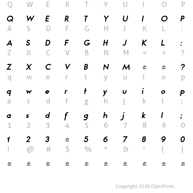 Character Map of FONTSPRING DEMO - Bambino Bold Italic Regular
