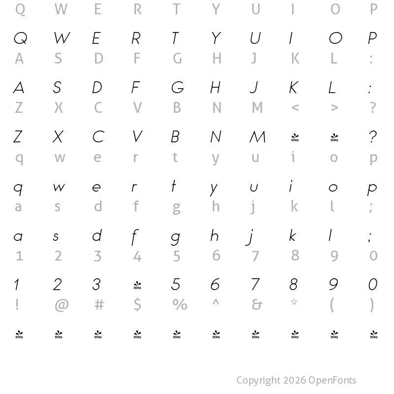 Character Map of FONTSPRING DEMO - Bambino Light Italic Regular