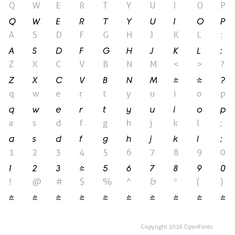 Character Map of FONTSPRING DEMO - Banks Miles Single Line Medium Italic