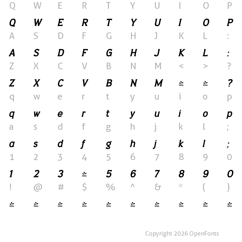 Character Map of FONTSPRING DEMO - Barbica Bold Italic
