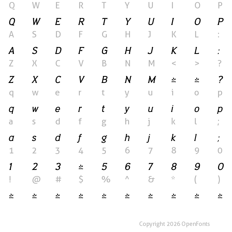 Character Map of FONTSPRING DEMO - Barbica Medium Italic