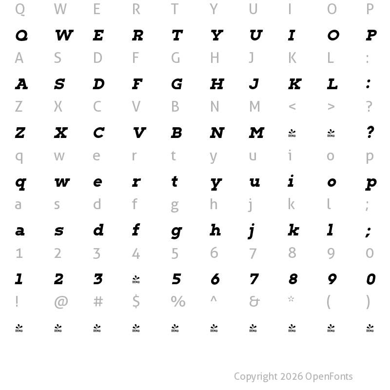 Character Map of FONTSPRING DEMO - Barnic Slab Black Italic