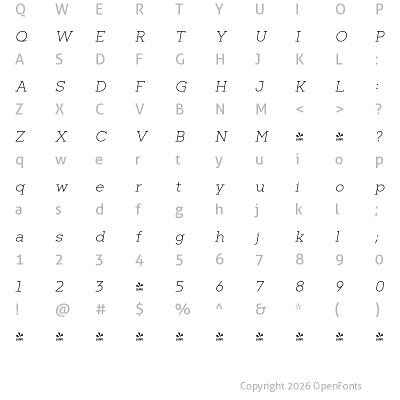 Character Map of FONTSPRING DEMO - Barnic Slab ExtLt Italic