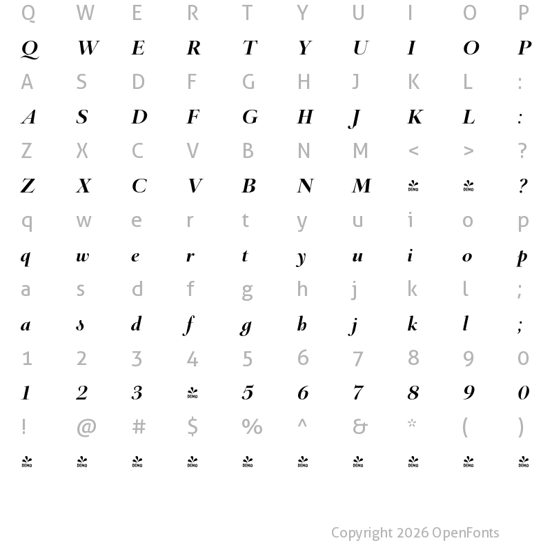 Character Map of FONTSPRING DEMO - Barocco Display PRO Light Bold Italic