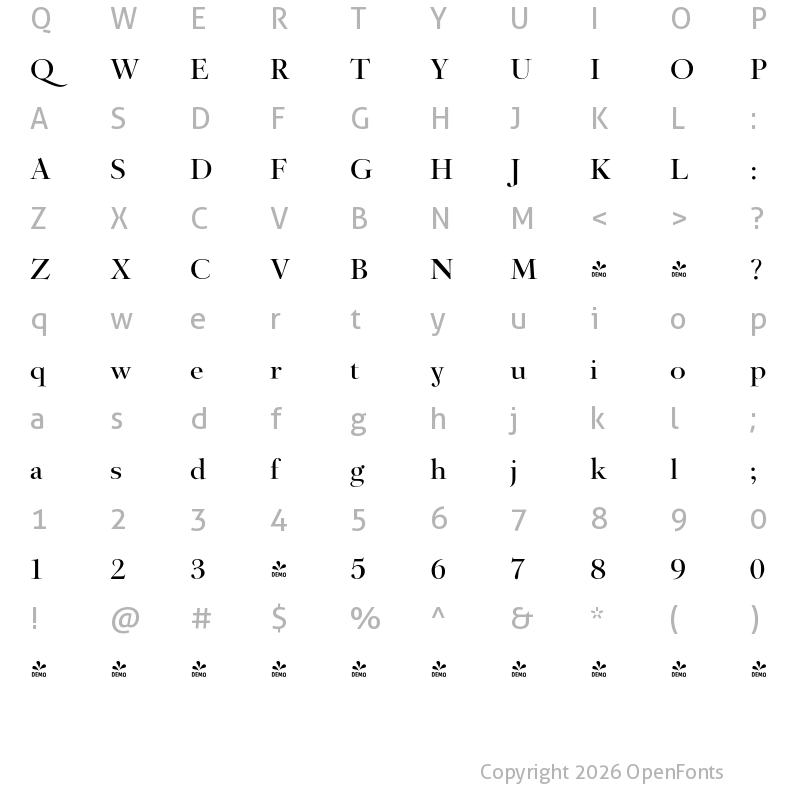 Character Map of FONTSPRING DEMO - Barocco Display PRO Light Regular