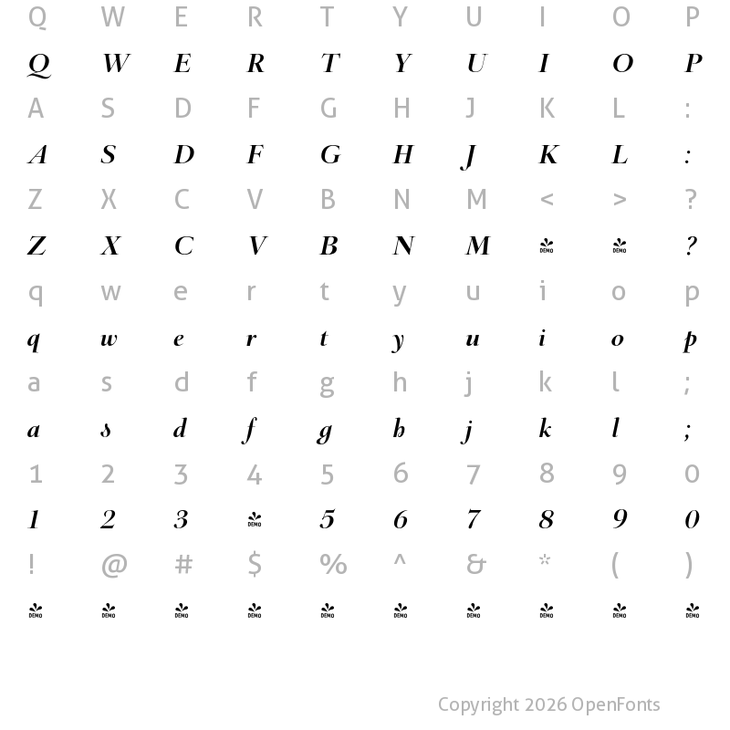 Character Map of FONTSPRING DEMO - Barocco Display PRO Regular Italic