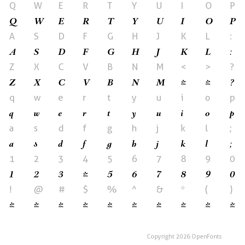 Character Map of FONTSPRING DEMO - Barocco Text PRO Light Bold Italic