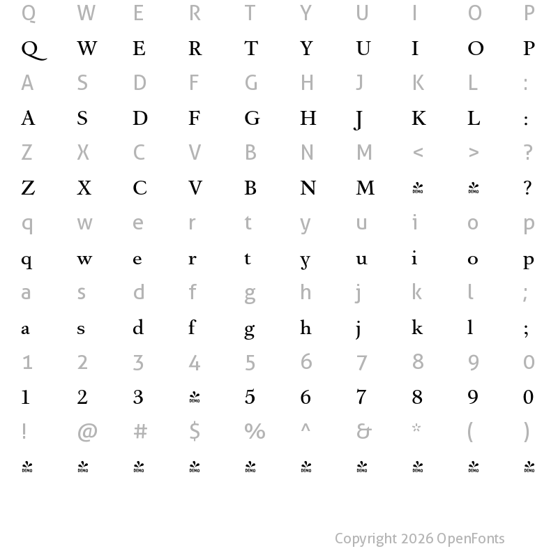 Character Map of FONTSPRING DEMO - Barocco Text PRO Light Regular