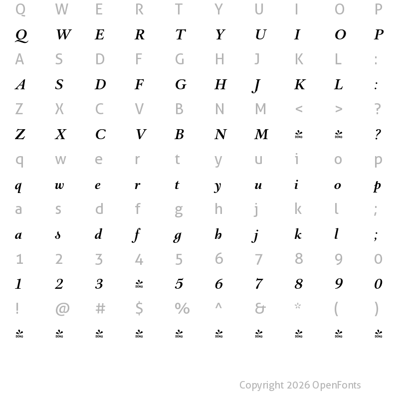 Character Map of FONTSPRING DEMO - Barocco Text PRO Regular Italic