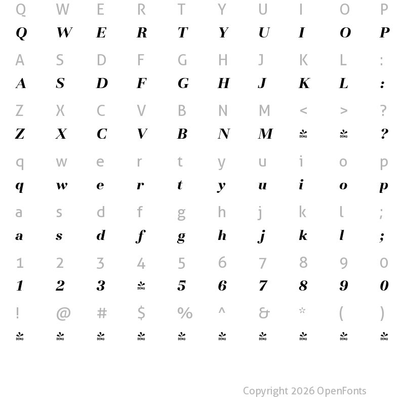 Character Map of FONTSPRING DEMO - Basel Bold Italic
