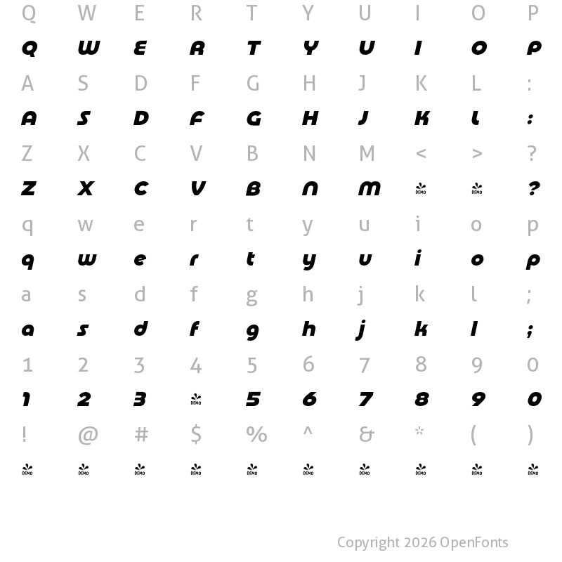 Character Map of FONTSPRING DEMO - Basenji Bold Italic