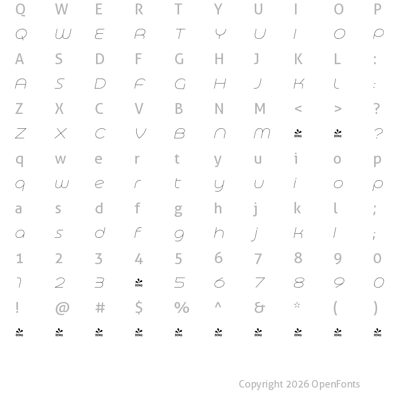 Character Map of FONTSPRING DEMO - Basenji UltLt Italic