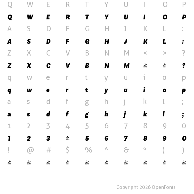 Character Map of FONTSPRING DEMO - Basic Sans Alt Cnd Black It Regular