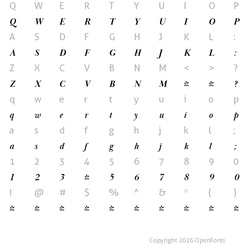 Character Map of FONTSPRING DEMO - Baskerville Display PT Bold Italic