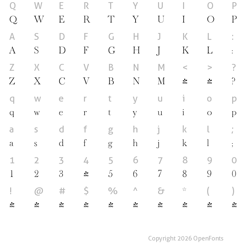 Character Map of FONTSPRING DEMO - Baskerville Old Serial Xlight Regular