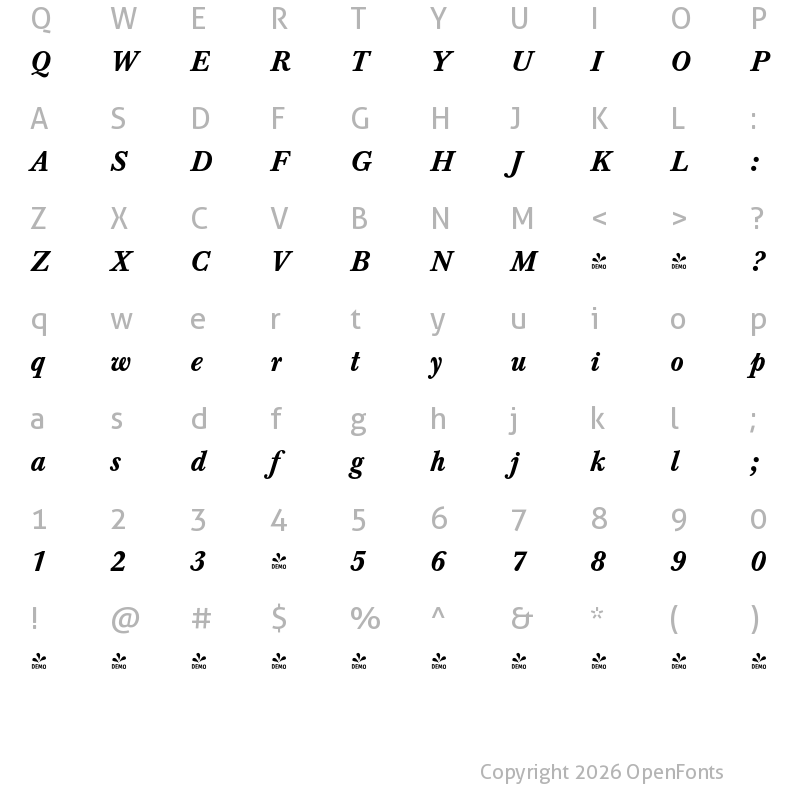 Character Map of FONTSPRING DEMO - Baskerville Pro Bold Italic